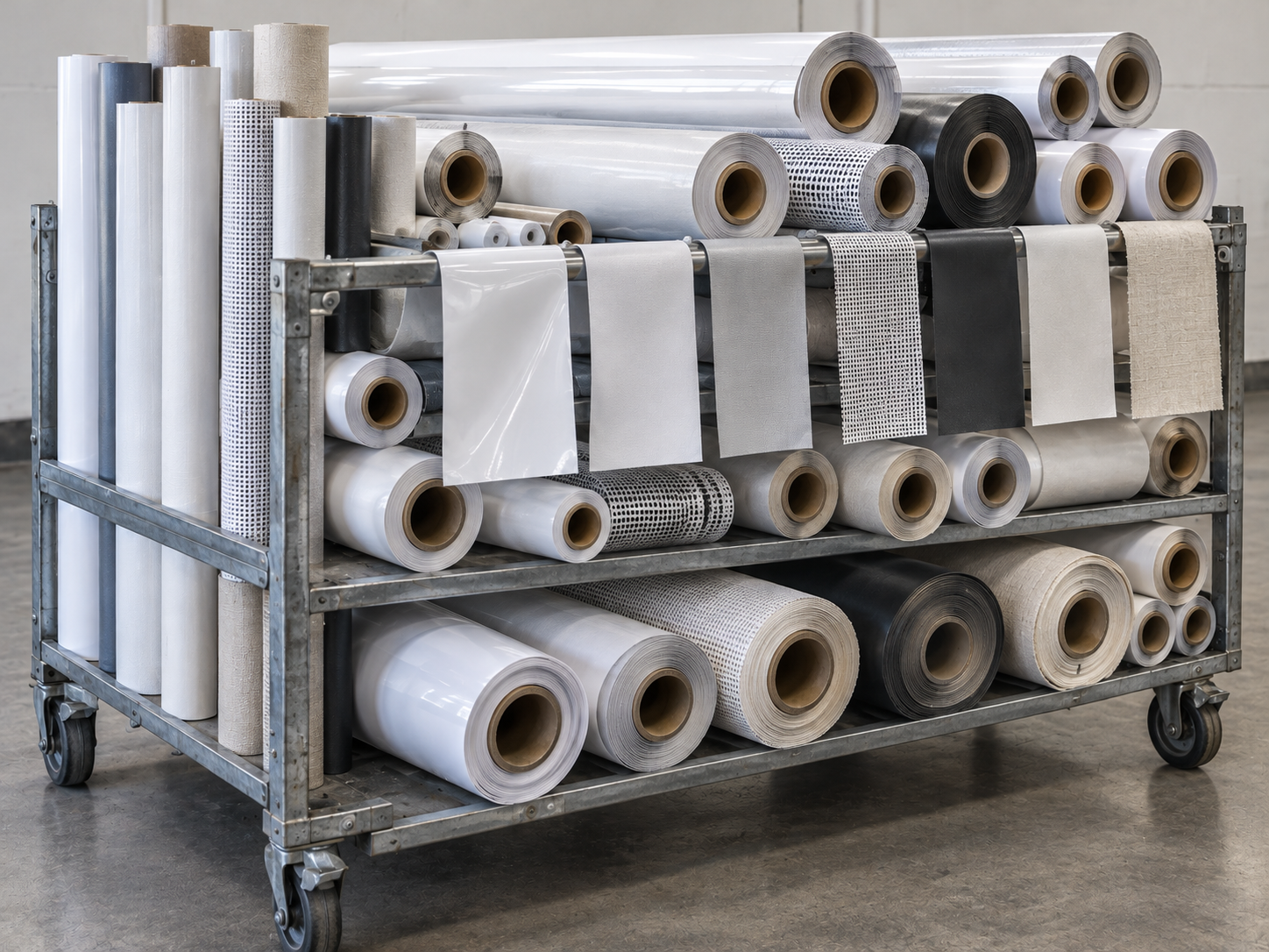 Carrello industriale con bobine per stampa su supporti flessibili